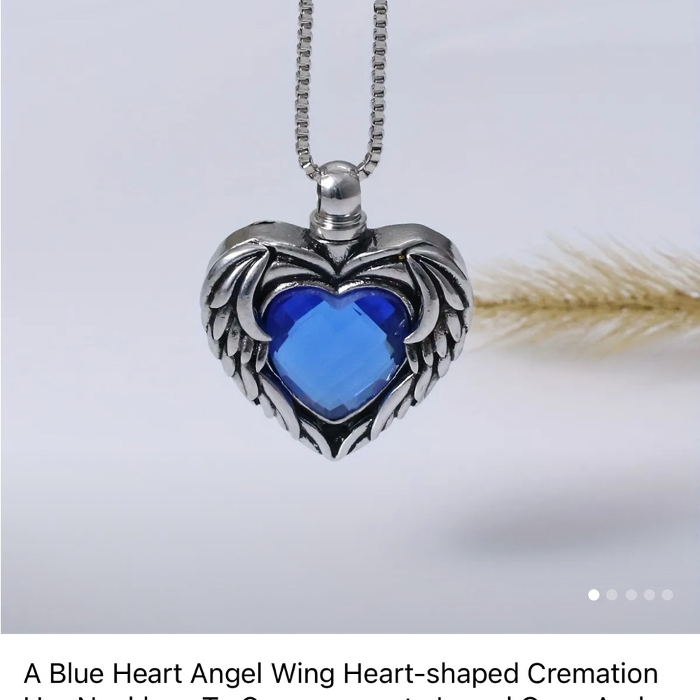 Blue Heart Angel Wing Urn Pendant Necklace